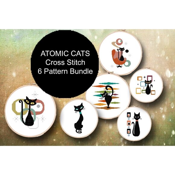 Mid Century Atomic Black Cat Counted Cross Stitch Patterns Set of 6 - Picture 1 of 13